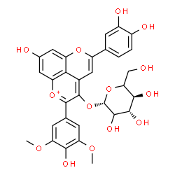 ChemSpider 2D Image | 5-(3,4-Dihydroxyphenyl)-8-hydroxy-2-(4-hydroxy-3,5-dimethoxyphenyl)pyrano[4,3,2-de]chromen-1-ium-3-yl beta-D-threo-hexopyranoside | C31H29O14