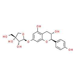 ChemSpider 2D Image | (2R,3S)-7-{[(2S,3R,4R)-3,4-Dihydroxy-4-(hydroxymethyl)tetrahydro-2-furanyl]oxy}-2-(4-hydroxyphenyl)-3,5-chromanediol | C20H22O9