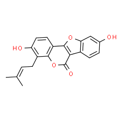 ChemSpider 2D Image | 3,9-Dihydroxy-4-(3-methyl-2-buten-1-yl)-6H-[1]benzofuro[3,2-c]chromen-6-one | C20H16O5