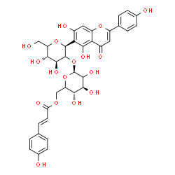 ChemSpider 2D Image | (1S)-1,5-Anhydro-1-[5,7-dihydroxy-2-(4-hydroxyphenyl)-4-oxo-4H-chromen-6-yl]-2-O-{6-O-[(2E)-3-(4-hydroxyphenyl)-2-propenoyl]-beta-D-threo-hexopyranosyl}-D-threo-hexitol | C36H36O17