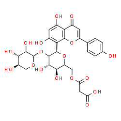 ChemSpider 2D Image | (1S)-1,5-Anhydro-6-O-(carboxyacetyl)-1-[5,7-dihydroxy-2-(4-hydroxyphenyl)-4-oxo-4H-chromen-8-yl]-2-O-[(2xi)-beta-D-threo-pentopyranosyl]-D-threo-hexitol | C29H30O17