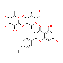ChemSpider 2D Image | 5,7-Dihydroxy-2-(4-methoxyphenyl)-4-oxo-4H-chromen-3-yl 2-O-(6-deoxy-alpha-L-erythro-hexopyranosyl)-beta-D-threo-hexopyranoside | C28H32O15