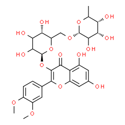 ChemSpider 2D Image | 2-(3,4-Dimethoxyphenyl)-5,7-dihydroxy-4-oxo-4H-chromen-3-yl 6-O-(6-deoxy-alpha-L-erythro-hexopyranosyl)-beta-D-glycero-hexopyranoside | C29H34O16
