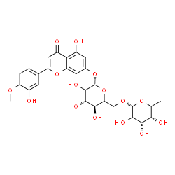 ChemSpider 2D Image | 5-Hydroxy-2-(3-hydroxy-4-methoxyphenyl)-4-oxo-4H-chromen-7-yl 6-O-(6-deoxy-alpha-L-erythro-hexopyranosyl)-beta-D-threo-hexopyranoside | C28H32O15
