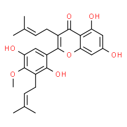 ChemSpider 2D Image | 2-[2,5-Dihydroxy-4-methoxy-3-(3-methyl-2-buten-1-yl)phenyl]-5,7-dihydroxy-3-(3-methyl-2-buten-1-yl)-4H-chromen-4-one | C26H28O7