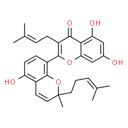 ChemSpider 2D Image | 5,5',7-Trihydroxy-2'-methyl-3-(3-methyl-2-buten-1-yl)-2'-(4-methyl-3-penten-1-yl)-2'H,4H-2,8'-bichromen-4-one | C30H32O6