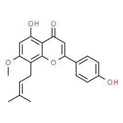 ChemSpider 2D Image | 5-Hydroxy-2-(4-hydroxyphenyl)-7-methoxy-8-(3-methyl-2-buten-1-yl)-4H-chromen-4-one | C21H20O5
