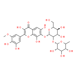 ChemSpider 2D Image | 2-(3,4-Dihydroxy-5-methoxyphenyl)-3,6,8-trihydroxy-4-oxo-4H-chromen-7-yl 2-O-(6-deoxy-alpha-L-erythro-hexopyranosyl)-beta-D-threo-hexopyranoside | C28H32O18