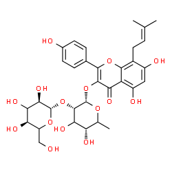 ChemSpider 2D Image | 5,7-Dihydroxy-2-(4-hydroxyphenyl)-8-(3-methyl-2-buten-1-yl)-4-oxo-4H-chromen-3-yl 6-deoxy-2-O-beta-D-erythro-hexopyranosyl-alpha-L-erythro-hexopyranoside | C32H38O15
