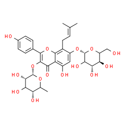 ChemSpider 2D Image | 7-(beta-D-threo-Hexopyranosyloxy)-5-hydroxy-2-(4-hydroxyphenyl)-8-(3-methyl-2-buten-1-yl)-4-oxo-4H-chromen-3-yl 6-deoxy-alpha-L-erythro-hexopyranoside | C32H38O15