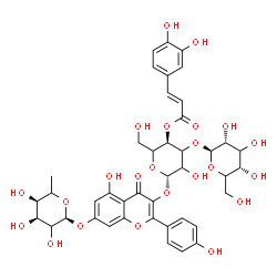 ChemSpider 2D Image | 3-({4-O-[(2E)-3-(3,4-Dihydroxyphenyl)-2-propenoyl]-3-O-(beta-D-erythro-hexopyranosyl)-beta-D-glycero-hexopyranosyl}oxy)-5-hydroxy-2-(4-hydroxyphenyl)-4-oxo-4H-chromen-7-yl 6-deoxy-alpha-L-erythro-hexo
pyranoside | C42H46O23