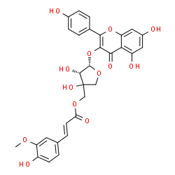 ChemSpider 2D Image | [(4S,5S)-5-{[5,7-Dihydroxy-2-(4-hydroxyphenyl)-4-oxo-4H-chromen-3-yl]oxy}-3,4-dihydroxytetrahydro-3-furanyl]methyl (2E)-3-(4-hydroxy-3-methoxyphenyl)acrylate | C30H26O13