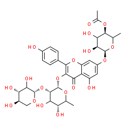 ChemSpider 2D Image | 7-[(4-O-Acetyl-6-deoxy-alpha-L-erythro-hexopyranosyl)oxy]-5-hydroxy-2-(4-hydroxyphenyl)-4-oxo-4H-chromen-3-yl 6-deoxy-2-O-[(2xi)-beta-D-threo-pentopyranosyl]-alpha-L-erythro-hexopyranoside | C34H40O19