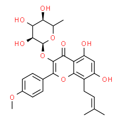 ChemSpider 2D Image | 5,7-Dihydroxy-2-(4-methoxyphenyl)-8-(3-methyl-2-buten-1-yl)-4-oxo-4H-chromen-3-yl 6-deoxy-alpha-L-erythro-hexopyranoside | C27H30O10