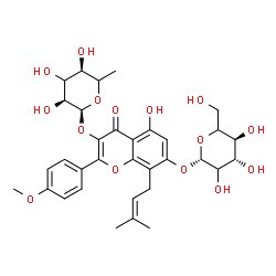 ChemSpider 2D Image | 7-(beta-D-threo-Hexopyranosyloxy)-5-hydroxy-2-(4-methoxyphenyl)-8-(3-methyl-2-buten-1-yl)-4-oxo-4H-chromen-3-yl 6-deoxy-alpha-L-erythro-hexopyranoside | C33H40O15