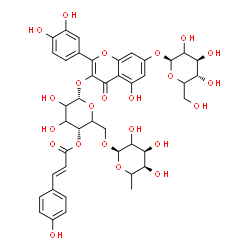 ChemSpider 2D Image | 2-(3,4-Dihydroxyphenyl)-7-(beta-D-threo-hexopyranosyloxy)-5-hydroxy-4-oxo-4H-chromen-3-yl 6-O-(6-deoxy-alpha-L-erythro-hexopyranosyl)-4-O-[(2E)-3-(4-hydroxyphenyl)-2-propenoyl]-alpha-L-glycero-hexopyr
anoside | C42H46O23