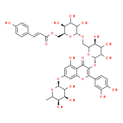 ChemSpider 2D Image | 2-(3,4-Dihydroxyphenyl)-5-hydroxy-3-[(6-O-{6-O-[(2E)-3-(4-hydroxyphenyl)-2-propenoyl]-alpha-L-threo-hexopyranosyl}-beta-D-glycero-hexopyranosyl)oxy]-4-oxo-4H-chromen-7-yl 6-deoxy-alpha-L-erythro-hexop
yranoside | C42H46O23