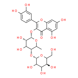ChemSpider 2D Image | 2-(3,4-Dihydroxyphenyl)-5,7-dihydroxy-4-oxo-4H-chromen-3-yl 6-deoxy-4-O-beta-D-glycero-hexopyranosyl-alpha-L-erythro-hexopyranoside | C27H30O16