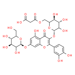 ChemSpider 2D Image | 3-{[6-O-(Carboxyacetyl)-beta-D-threo-hexopyranosyl]oxy}-2-(3,4-dihydroxyphenyl)-5-hydroxy-4-oxo-4H-chromen-7-yl beta-D-threo-hexopyranoside | C30H32O20