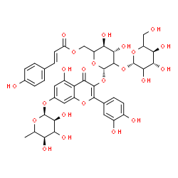 ChemSpider 2D Image | 2-(3,4-Dihydroxyphenyl)-3-({2-O-(beta-D-threo-hexopyranosyl)-6-O-[(2E)-3-(4-hydroxyphenyl)-2-propenoyl]-beta-D-threo-hexopyranosyl}oxy)-5-hydroxy-4-oxo-4H-chromen-7-yl 6-deoxy-alpha-L-erythro-hexopyra
noside | C42H46O23