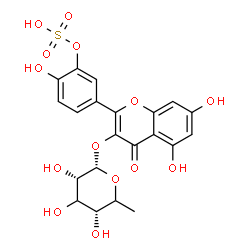 ChemSpider 2D Image | 5-{3-[(6-Deoxy-alpha-L-erythro-hexopyranosyl)oxy]-5,7-dihydroxy-4-oxo-4H-chromen-2-yl}-2-hydroxyphenyl hydrogen sulfate | C21H20O14S