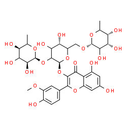 ChemSpider 2D Image | 5,7-Dihydroxy-2-(4-hydroxy-3-methoxyphenyl)-4-oxo-4H-chromen-3-yl 6-deoxy-alpha-L-erythro-hexopyranosyl-(1->2)-[6-deoxy-alpha-L-erythro-hexopyranosyl-(1->6)]-beta-D-glycero-hexopyranoside | C34H42O20