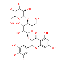 ChemSpider 2D Image | 2-(3,5-Dihydroxy-4-methoxyphenyl)-5,7-dihydroxy-4-oxo-4H-chromen-3-yl 4-O-alpha-L-threo-hexopyranosyl-alpha-L-glycero-hexopyranoside | C28H32O18