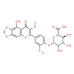 ChemSpider 2D Image | 4-(9-Hydroxy-7-methoxy-8-oxo-8H-[1,3]dioxolo[4,5-g]chromen-6-yl)-2-methoxyphenyl beta-D-glycero-hexopyranosiduronic acid | C24H22O14