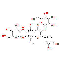 ChemSpider 2D Image | 2-(3,4-Dihydroxyphenyl)-7-(beta-D-threo-hexopyranosyloxy)-5-hydroxy-8-methoxy-4-oxo-4H-chromen-3-yl beta-D-glycero-hexopyranoside | C28H32O18