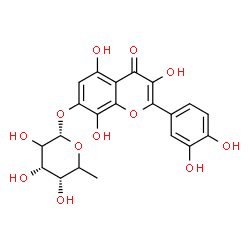 ChemSpider 2D Image | 2-(3,4-Dihydroxyphenyl)-3,5,8-trihydroxy-4-oxo-4H-chromen-7-yl 6-deoxy-alpha-L-erythro-hexopyranoside | C21H20O12