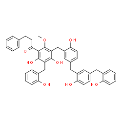 ChemSpider 2D Image | 1-[2,4-Dihydroxy-3-(2-hydroxybenzyl)-5-{2-hydroxy-5-[2-hydroxy-5-(2-hydroxybenzyl)benzyl]benzyl}-6-methoxyphenyl]-3-phenyl-1-propanone | C44H40O8