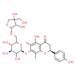 ChemSpider 2D Image | (2S)-5-Hydroxy-2-(4-hydroxyphenyl)-6,8-dimethyl-4-oxo-3,4-dihydro-2H-chromen-7-yl 6-O-[(2R,3S)-3,4-dihydroxy-4-(hydroxymethyl)tetrahydro-2-furanyl]-beta-D-threo-hexopyranoside | C28H34O14
