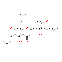 ChemSpider 2D Image | 2-[2,4-Dihydroxy-3-(3-methyl-2-buten-1-yl)phenyl]-5,7-dihydroxy-6-[(1E)-3-methyl-1-buten-1-yl]-8-(3-methyl-2-buten-1-yl)-2,3-dihydro-4H-chromen-4-one | C30H36O6