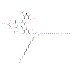 ChemSpider 2D Image | (2S,3R,4E)-3-Hydroxy-2-(palmitoylamino)-4-octadecen-1-yl 2-acetamido-2-deoxy-alpha-L-erythro-hexopyranosyl-(1->4)-[(4xi)-5-acetamido-3,5-dideoxy-6-[(1R,2R)-1,2,3-trihydroxypropyl]-beta-L-glycero-hex-2
-ulopyranonosyl-(2->3)]-alpha-L-erythro-hexopyranosyl-(1->4)-beta-D-threo-hexopyranoside | C65H117N3O26