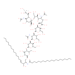 ChemSpider 2D Image | (2S,3R,4E)-3-Hydroxy-2-(icosanoylamino)-4-octadecen-1-yl (4xi)-5-acetamido-6-[(1S,2R)-2-({(4xi)-5-acetamido-3,5-dideoxy-6-[(1R,2R)-1,2,3-trihydroxypropyl]-beta-L-glycero-hex-2-ulopyranonosyl}oxy)-1,3-
dihydroxypropyl]-3,5-dideoxy-beta-L-glycero-hex-2-ulopyranonosyl-(2->3)-alpha-L-erythro-hexopyranosyl-(1->3)-2-acetamido-2-deoxy-beta-D-threo-hexopyranosyl-(1->3)-alpha-L-erythro-hexopyranosyl-(1->4)-
beta-D-threo-hexopyranoside | C86H152N4O39