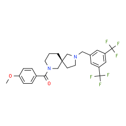 ChemSpider 2D Image | {(5S)-2-[3,5-Bis(trifluoromethyl)benzyl]-2,7-diazaspiro[4.5]dec-7-yl}(4-methoxyphenyl)methanone | C25H26F6N2O2