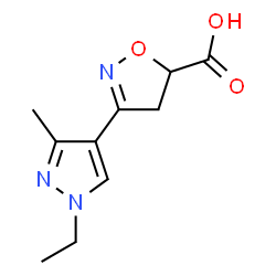 ChemSpider 2D Image | 3-(1-ethyl-3-methyl-1H-pyrazol-4-yl)-4,5-dihydroisoxazole-5-carboxylic acid | C10H13N3O3