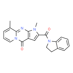 ChemSpider 2D Image | 2-(2,3-Dihydro-1H-indol-1-ylcarbonyl)-1,9-dimethylpyrido[1,2-a]pyrrolo[2,3-d]pyrimidin-4(1H)-one | C21H18N4O2