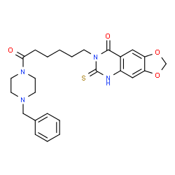 ChemSpider 2D Image | 7-[6-(4-Benzyl-1-piperazinyl)-6-oxohexyl]-6-thioxo-6,7-dihydro[1,3]dioxolo[4,5-g]quinazolin-8(5H)-one | C26H30N4O4S