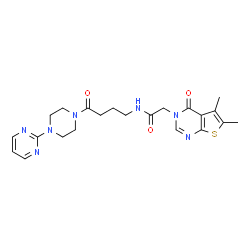 ChemSpider 2D Image | 2-(5,6-Dimethyl-4-oxothieno[2,3-d]pyrimidin-3(4H)-yl)-N-{4-oxo-4-[4-(2-pyrimidinyl)-1-piperazinyl]butyl}acetamide | C22H27N7O3S