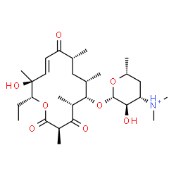ChemSpider 2D Image | (3R,5R,6S,7S,9R,11E,13S,14R)-14-Ethyl-13-hydroxy-3,5,7,9,13-pentamethyl-2,4,10-trioxooxacyclotetradec-11-en-6-yl 3,4,6-trideoxy-3-(dimethylammonio)-beta-D-xylo-hexopyranoside | C28H48NO8