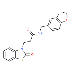 ChemSpider 2D Image | N-(1,3-Benzodioxol-5-ylmethyl)-3-(2-oxo-1,3-benzothiazol-3(2H)-yl)propanamide | C18H16N2O4S