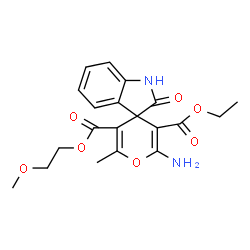 ChemSpider 2D Image | 3'-Ethyl 5'-(2-methoxyethyl) 2'-amino-6'-methyl-2-oxo-1,2-dihydrospiro[indole-3,4'-pyran]-3',5'-dicarboxylate | C20H22N2O7