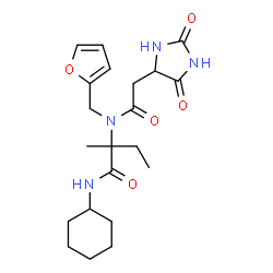 ChemSpider 2D Image | N-Cyclohexyl-N~2~-[(2,5-dioxo-4-imidazolidinyl)acetyl]-N~2~-(2-furylmethyl)isovalinamide | C21H30N4O5