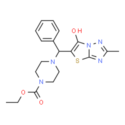 ChemSpider 2D Image | Ethyl 4-[(6-hydroxy-2-methyl[1,3]thiazolo[3,2-b][1,2,4]triazol-5-yl)(phenyl)methyl]-1-piperazinecarboxylate | C19H23N5O3S