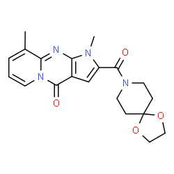 ChemSpider 2D Image | 2-(1,4-Dioxa-8-azaspiro[4.5]dec-8-ylcarbonyl)-1,9-dimethylpyrido[1,2-a]pyrrolo[2,3-d]pyrimidin-4(1H)-one | C20H22N4O4