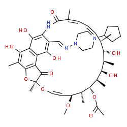 ChemSpider 2D Image | (7S,9Z,11S,12R,13S,14R,15R,16R,17S,18S,19Z,21Z)-26-{(E)-[(4-Cyclopentyl-1-piperazinyl)imino]methyl}-2,15,17,27,29-pentahydroxy-11-methoxy-3,7,12,14,16,18,22-heptamethyl-6,23-dioxo-8,30-dioxa-24-azatet
racyclo[23.3.1.1~4,7~.0~5,28~]triaconta-1(28),2,4,9,19,21,25(29),26-octaen-13-yl acetate | C47H64N4O12