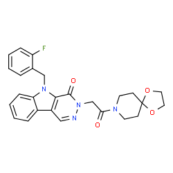 ChemSpider 2D Image | 3-[2-(1,4-Dioxa-8-azaspiro[4.5]dec-8-yl)-2-oxoethyl]-5-(2-fluorobenzyl)-3,5-dihydro-4H-pyridazino[4,5-b]indol-4-one | C26H25FN4O4