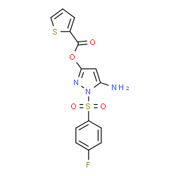 ChemSpider 2D Image | 5-Amino-1-[(4-fluorophenyl)sulfonyl]-1H-pyrazol-3-yl 2-thiophenecarboxylate | C14H10FN3O4S2