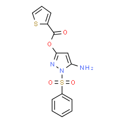 ChemSpider 2D Image | 5-Amino-1-(phenylsulfonyl)-1H-pyrazol-3-yl 2-thiophenecarboxylate | C14H11N3O4S2